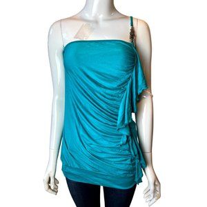 Orange Women Teal One Shoulder Blouse Top Ruched Spaghetti Strap Aqua Blue SZ XL